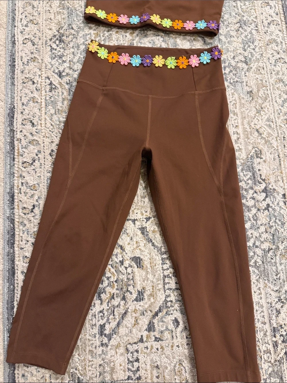 girlfriend collective Brown Floral-Trim High-Waist Leggings & Crop Top Set